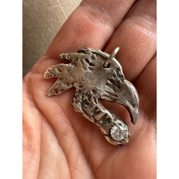 Crow Sterling Silver Clay Pendant Lab White CZ Hand Stamped Sterling 925 Chain - Picture 2 of 10